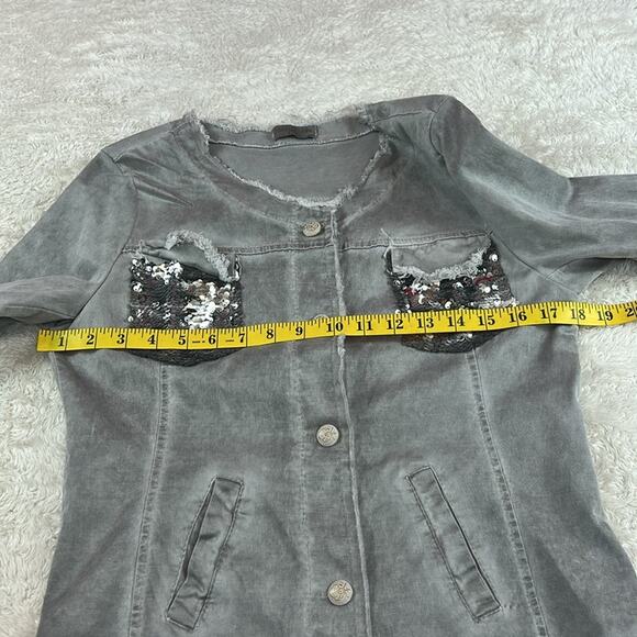 Sunny Studio Paris grey raw edge bling pocket button down shirt, 9 - Picture 7 of 10